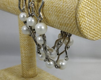 Bracelet Vintage Biche De Béré Années 90 - 6 Rangs Argenté & Perles Blanches, Occasion