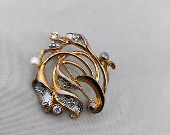 Broche Fantaisie Vintage En Métal Doré Avec Perle Movitex - Ancienne - Occasion