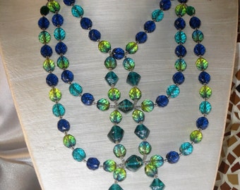 collier triple : verre de Bohème vert et bleu