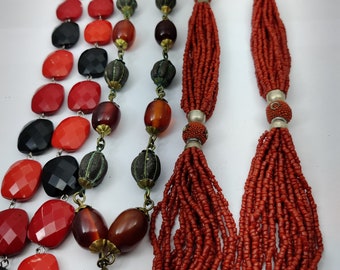 Long Collier Sautoir Vintage En Perles De Verre Bleu Turquoise Et Noir - Plus De 90 Cm