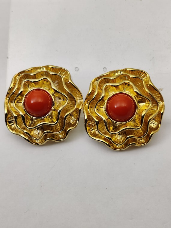 Boucles D'oreilles Clips Vintage Métal Doré émaillé Orange - Motif Ajouré, Occasion