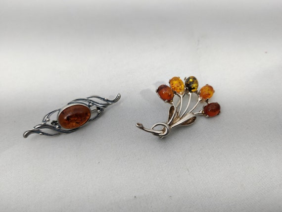 Broche Ancienne En Argent Sterling Et Ambre - Bijou Vintage - Occasion