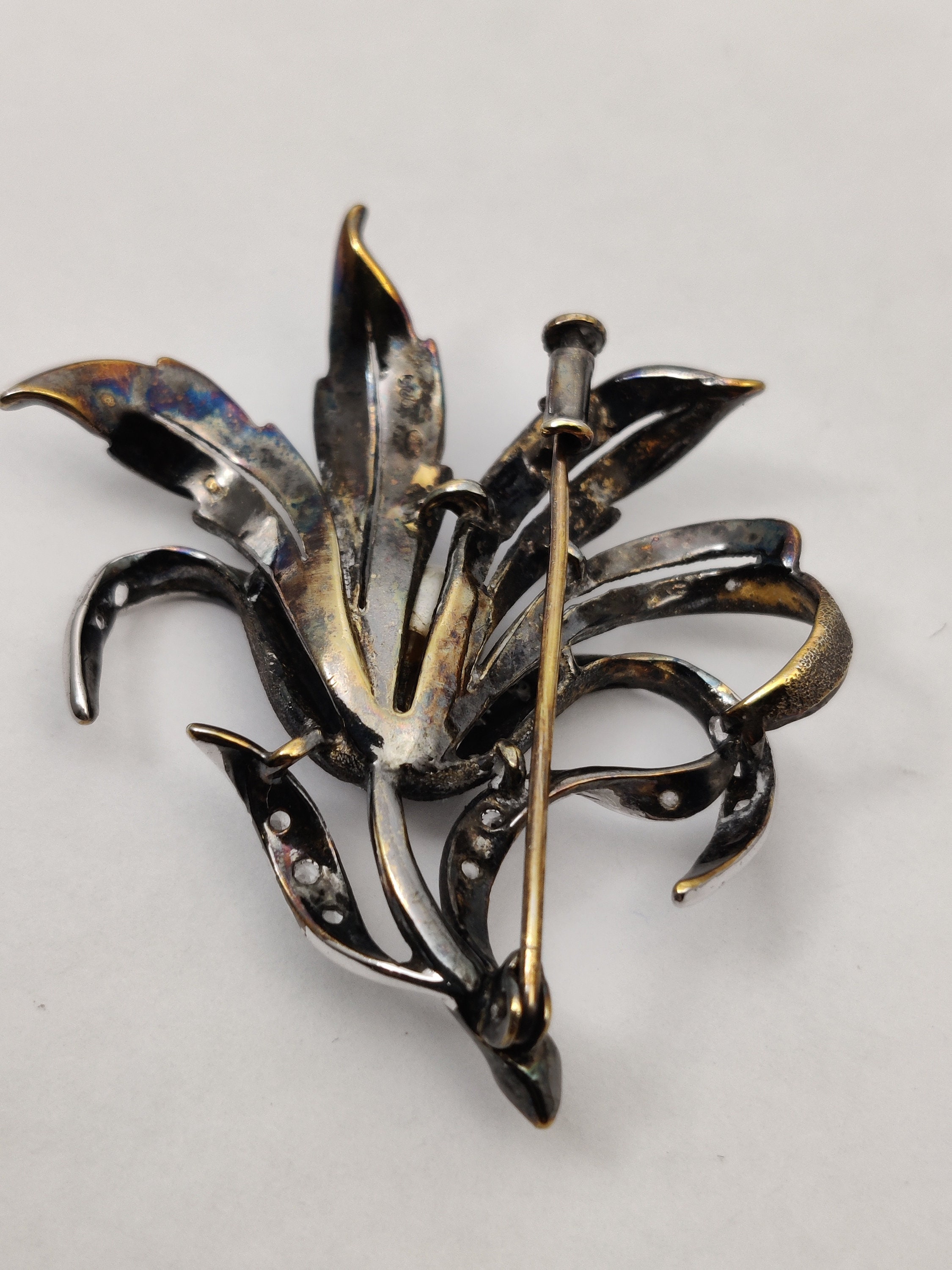 Broche Ancienne En Argent Massif 850 Et Vermeil Avec Marcassites - Bijou Vintage - Occasion