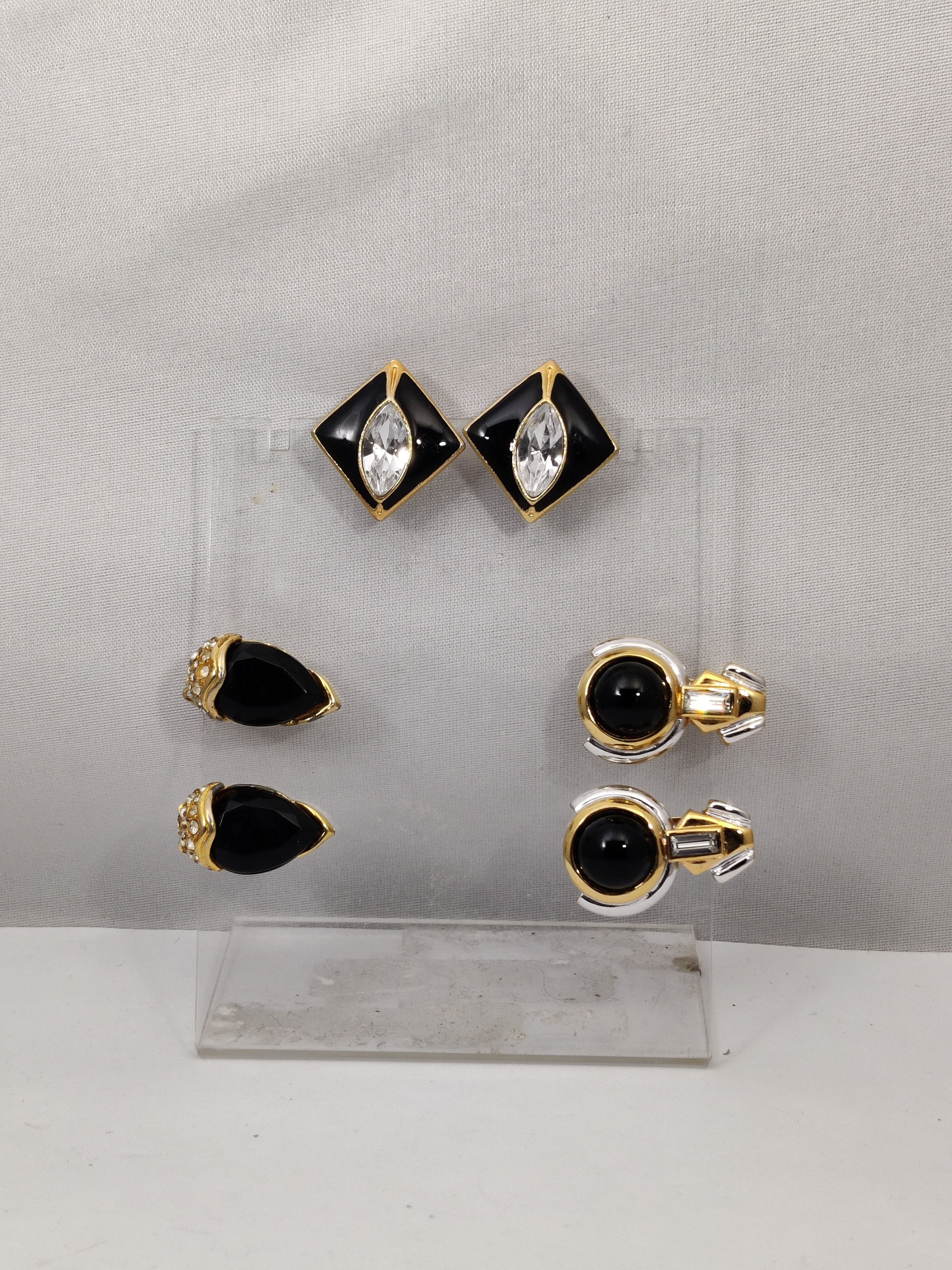 GLAMOROUS 50s Sherman Earrings,Jet Black Glass, Japanned  Vintage Black Navette Rhinestone Clip-On Earrings | Statement Glam main image 1