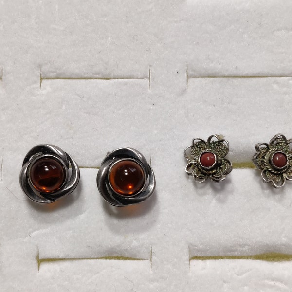 vintage stud earrings semi precious fine stone and 925 silver