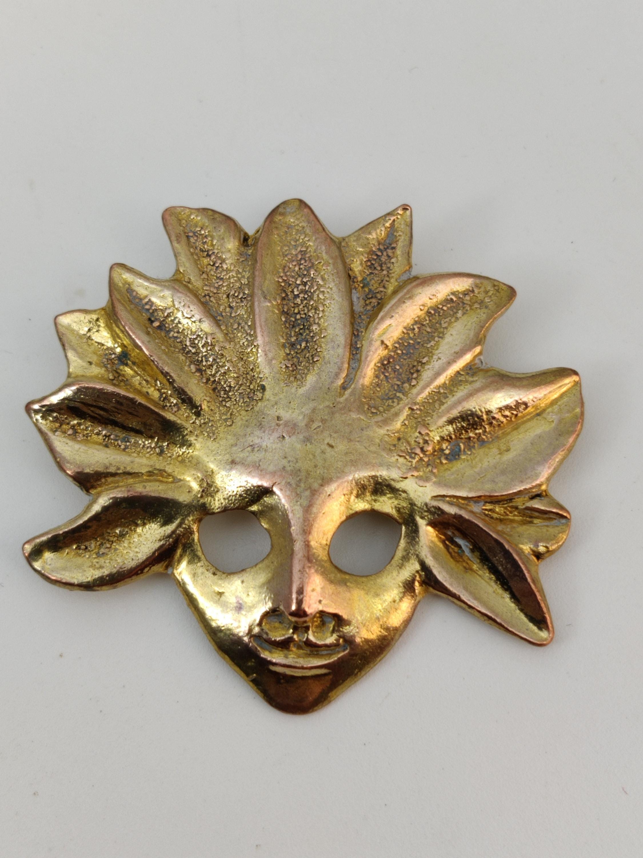 Signed CELINE T SAXE PARIS Vintage Venetian Mask Brooch in Metal