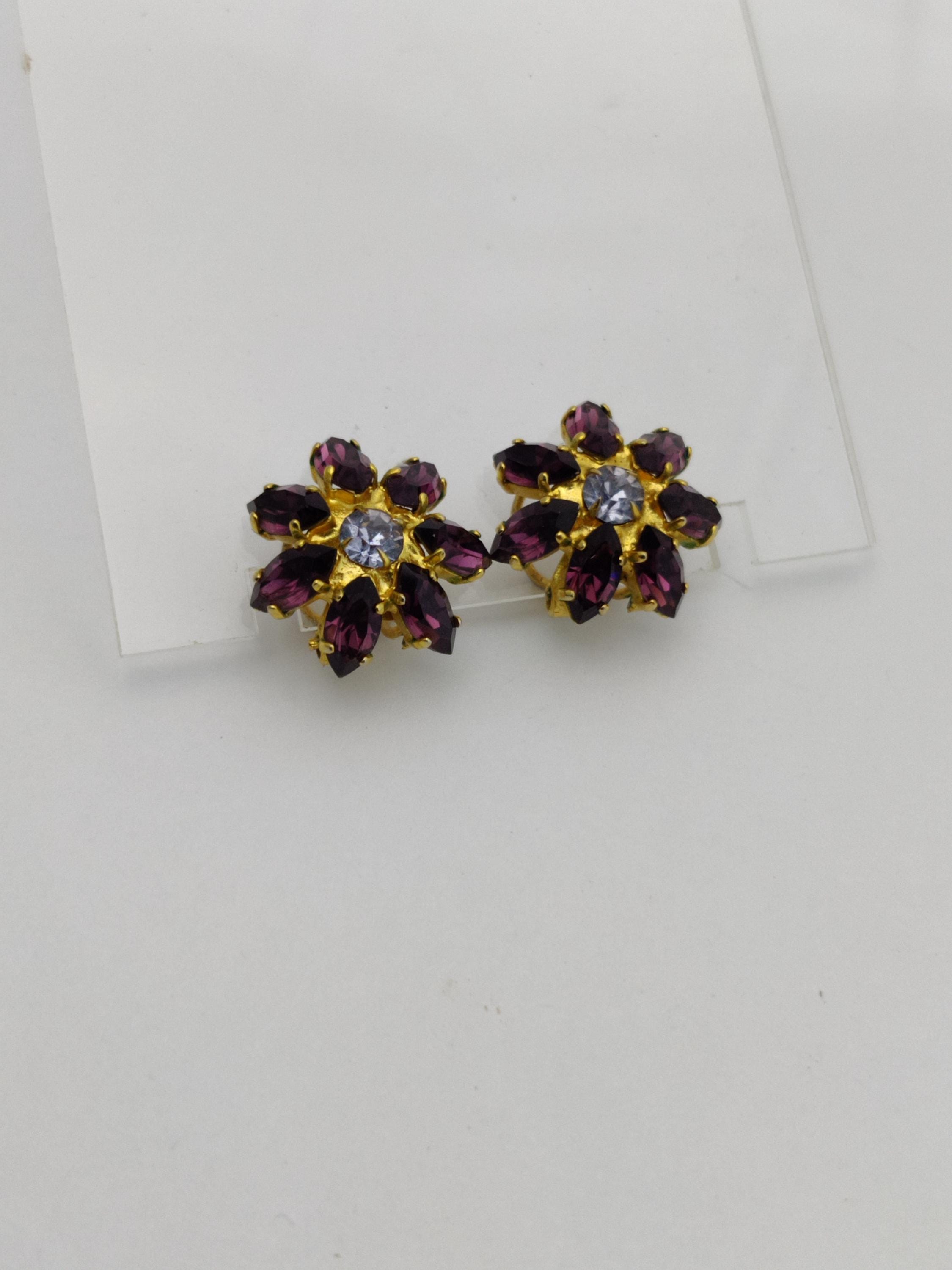 Boucles D'oreilles Clips Vintage Verre Mauve - Années 60, Occasion, Fermoir Clips