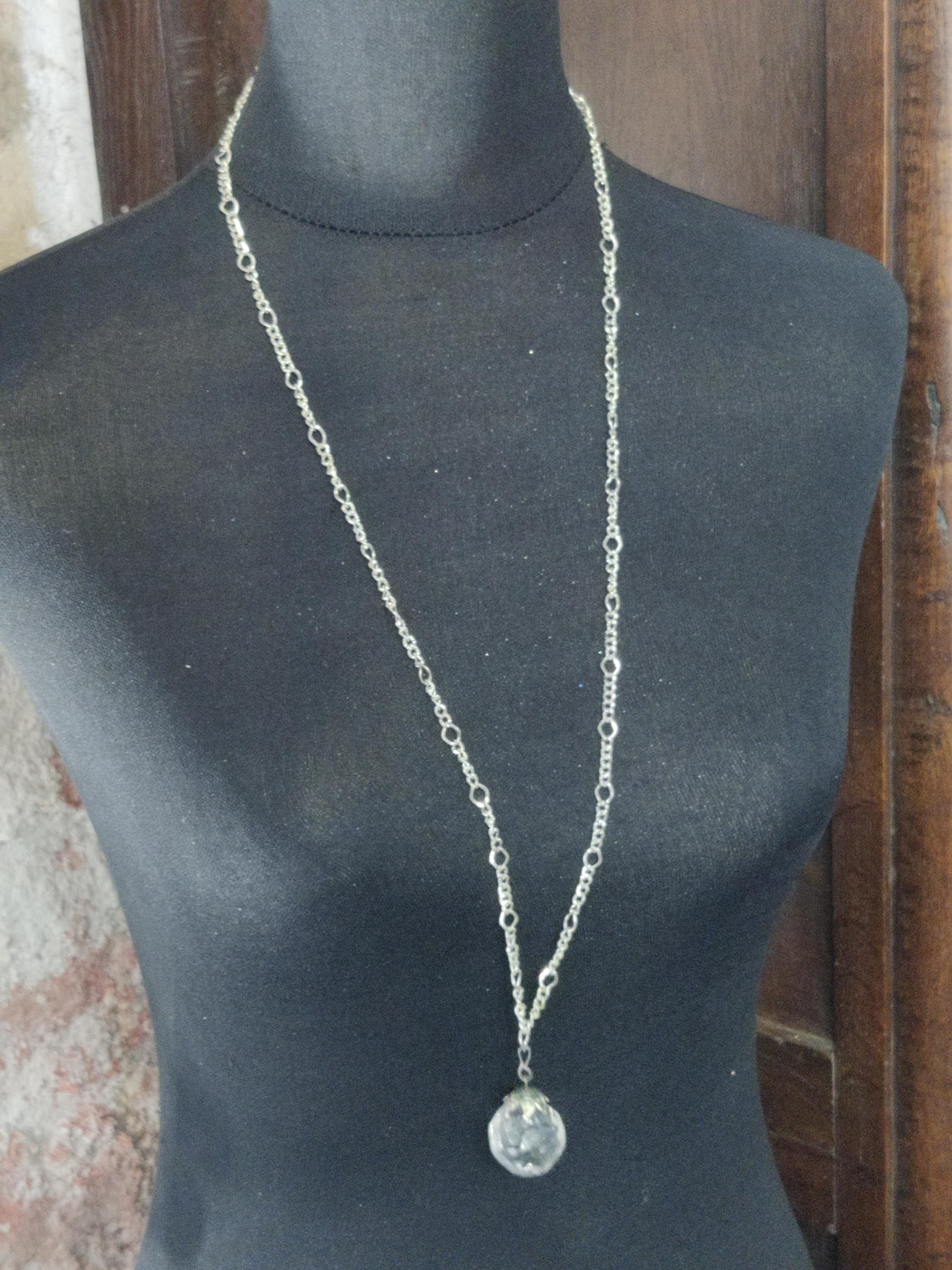 Collier Sautoir Vintage Maille Serpent Avec Boules En Métal Argenté - Longueur 105 Cm - Occasion (oxydations)