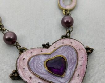 Collier Vintage Argent Estampillé GM - Émail Rose Violet - Ancien Bijou - Occasion Parfait état