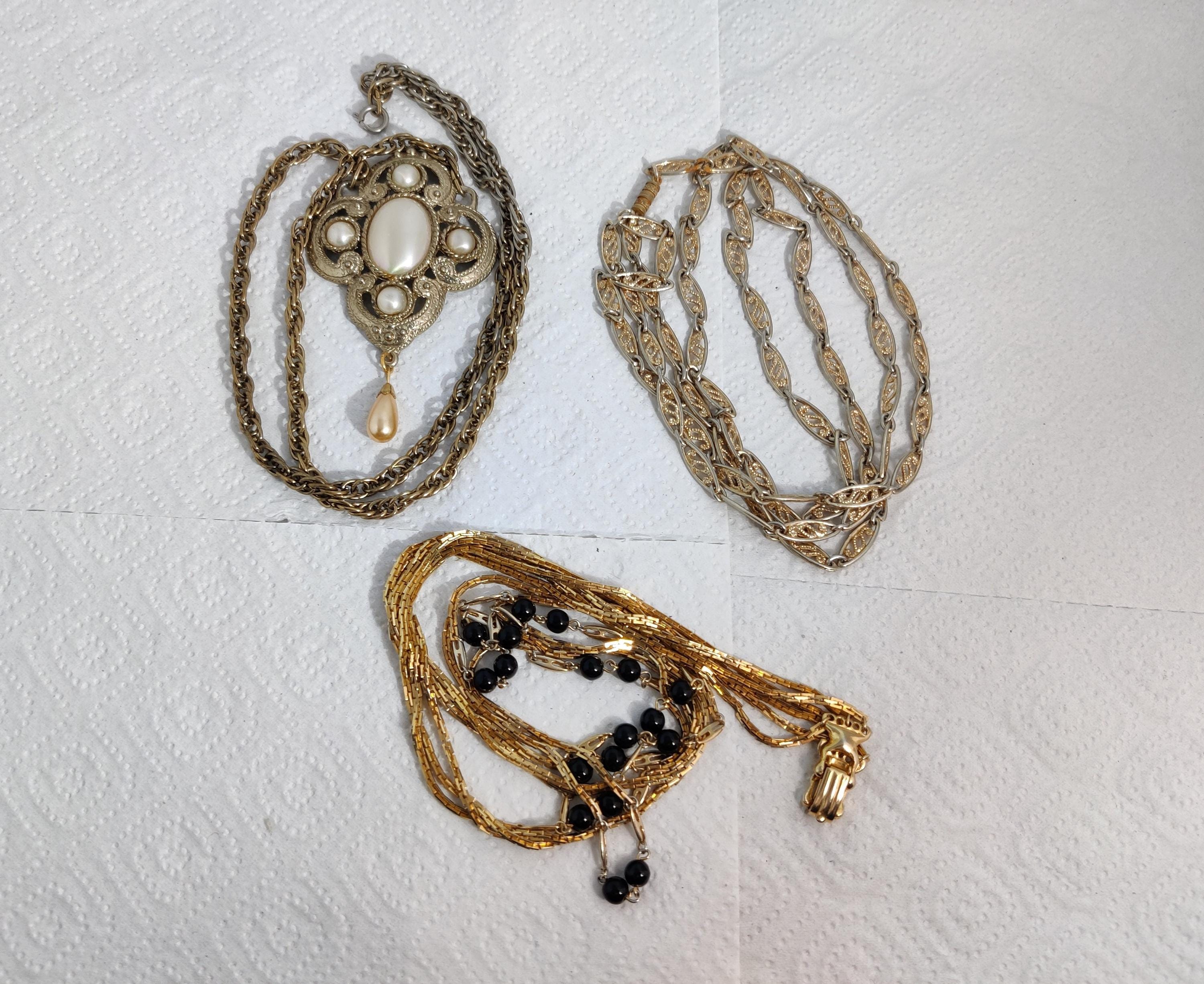 Vintage Long Collier Sautoir Perles Verre Noir Facetté