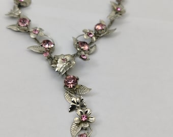 Vintage Rhinestone Necklace Silver Metal