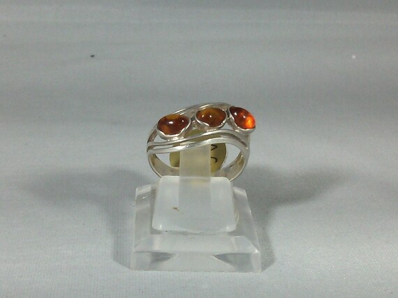Bague En Argent Massif Avec Trois Cabochons D'ambre - Taille 52 - Occasion