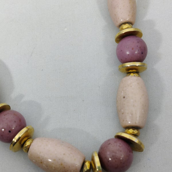 collier vintage céramique violet mauve et métal doré