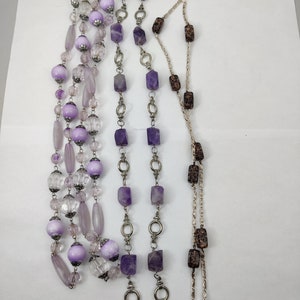 long necklace vintage sautoir necklace in purple mauve color on silver metal