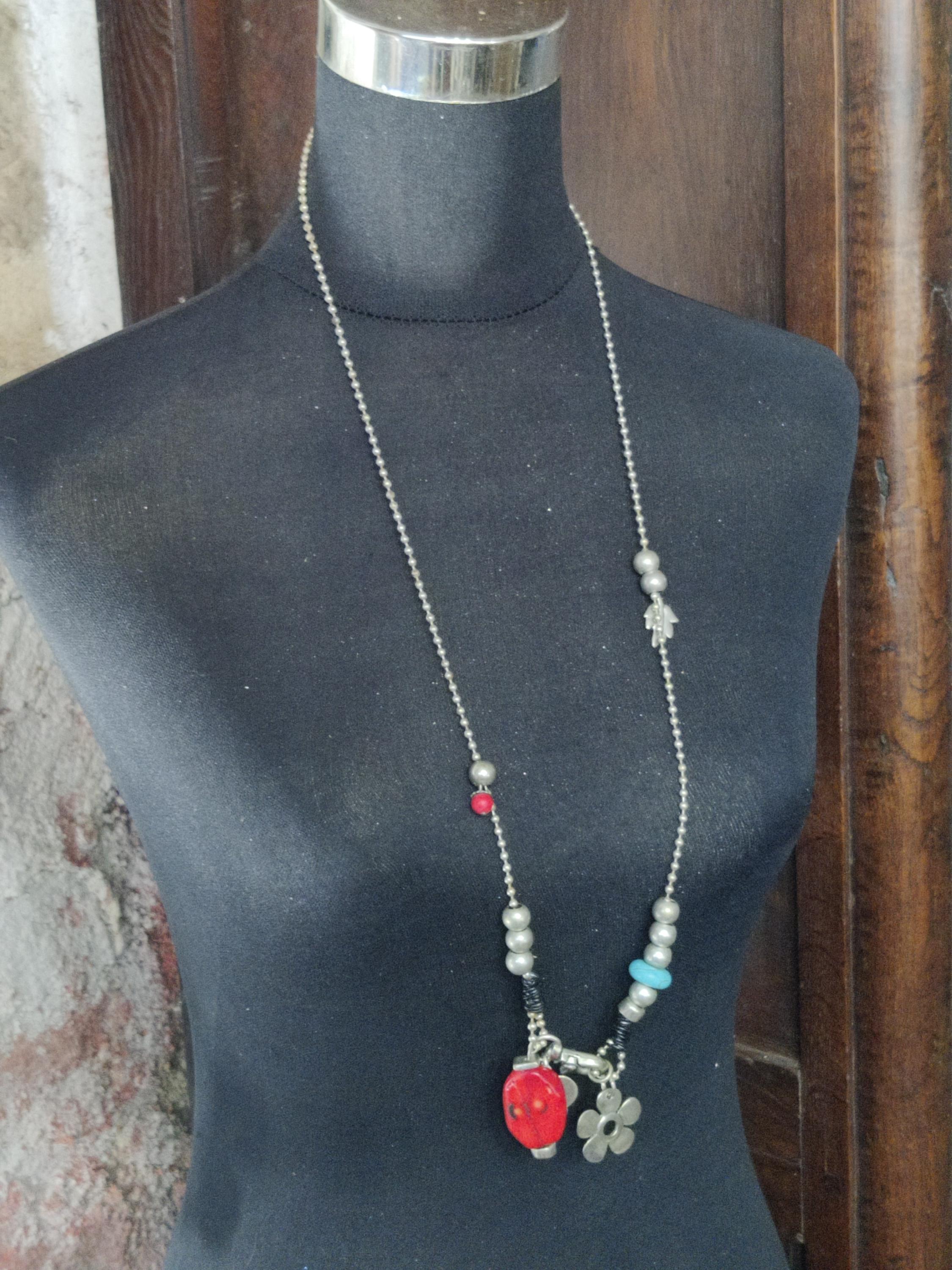 Collier Sautoir Vintage Maille Serpent Avec Boules En Métal Argenté - Longueur 105 Cm - Occasion (oxydations)