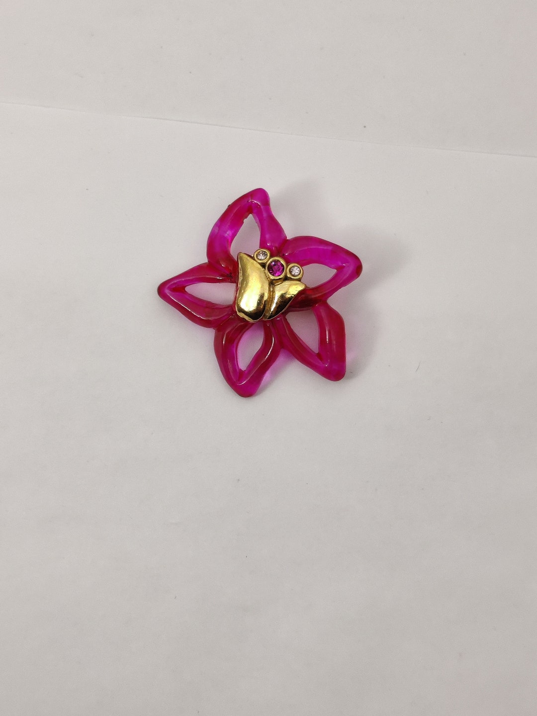 Broche Vintage Jacky De G - Fleur En Résine Dorée - Grande Taille - Bijou Rétro