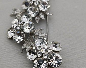 Broche Vintage Strass Et Brillants - Métal Argenté - Excellent État - Occasion