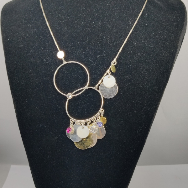 signed ZOE COSTE REMINISCENCE vintage necklace in silver metal, gold metal, glass, and mother-of-pearl