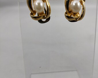 Grandes Boucles D'oreilles Clips Anciennes - Métal Doré Et Perles Nacrées, Style Vintage