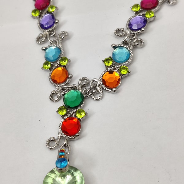 collier strass multicolores vintage métal argenté