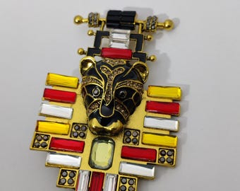 Imposante Vintage-Designer-Brosche oder Anhänger aus vergoldetem Metall, Emaille und Strasssteinen