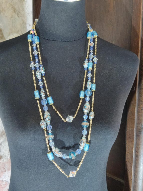Collier Long Perles Bleu Clair Vintage Années 70 - Très Bon état