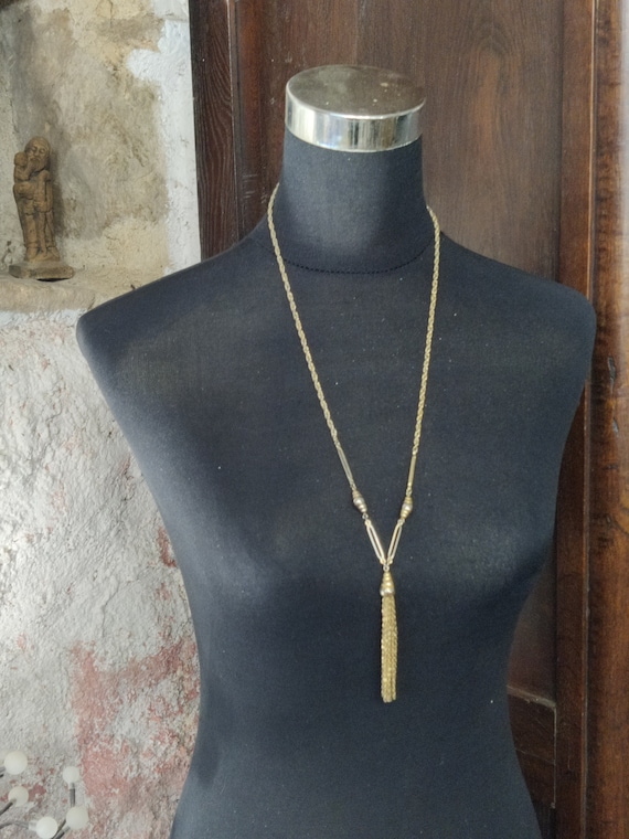 Collier Sautoir Vintage Long - Métal Et Résine Dorée - Occasion - Look Rétro