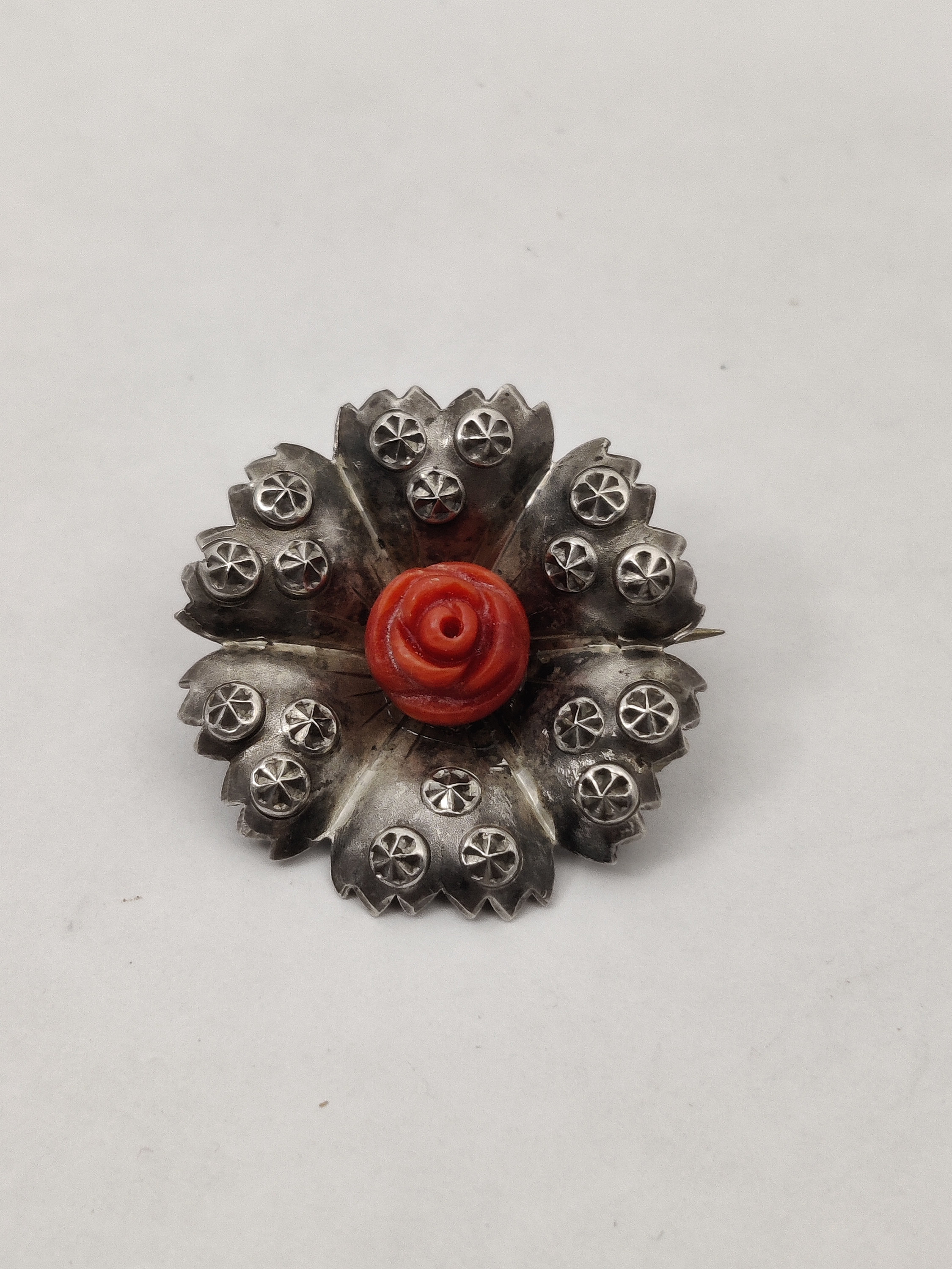 Broche Ancienne En Argent Massif 850 Avec Marcassites Et Corail - Occasion