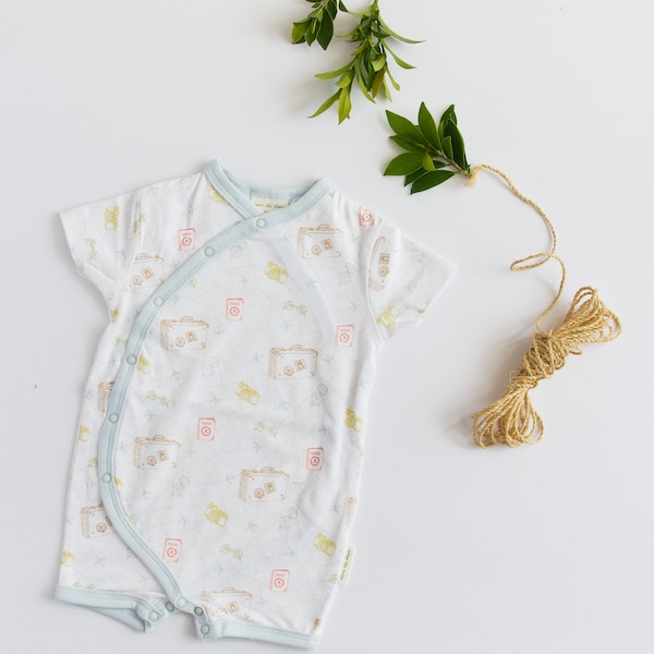 100% Cotton Knit Baby Traveller Print Baby Short Sleeve Kimono Onesie Romper