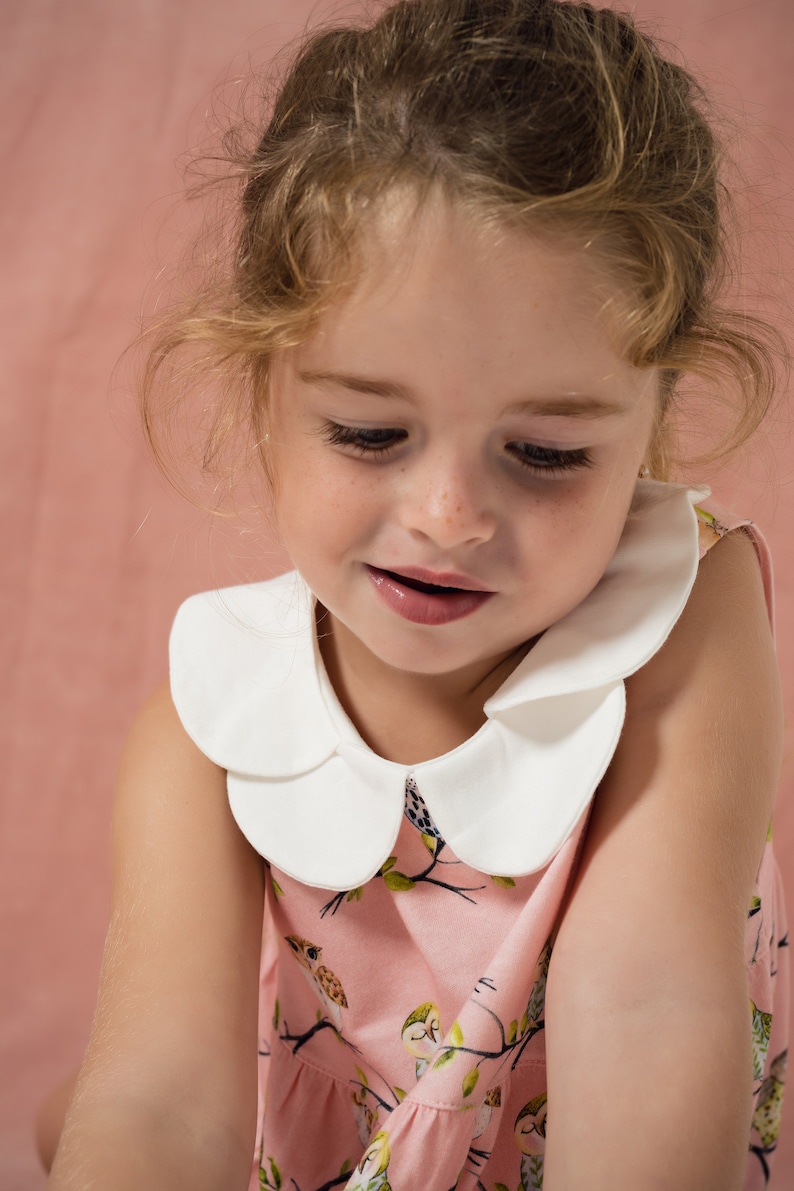 Don De Dieu Knit Cotton Toddler Pink Night Bird Petal Collar Frilly Dress image 4