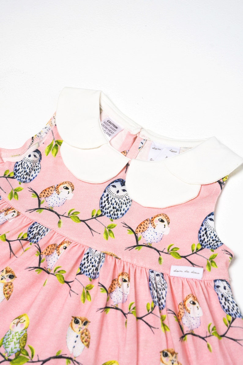Don De Dieu Knit Cotton Toddler Pink Night Bird Petal Collar Frilly Dress image 7