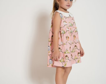 Don De Dieu Knit Cotton Toddler Pink Night Bird Petal Collar Frilly Dress