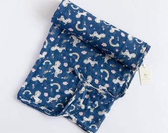 100% Cotton Muslin Baby Multi colour Unicorn Print Baby Wrap Swaddle Blanket