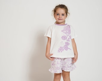 Don De Dieu Knit Cotton Toddler Lilac Wild Bloom Print Short Sleeve T-shirt & Short Set