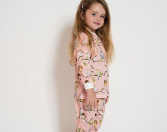 Don De Dieu Knit Cotton Toddler Pink Night Bird Print Long Sleeve Pyjama Set