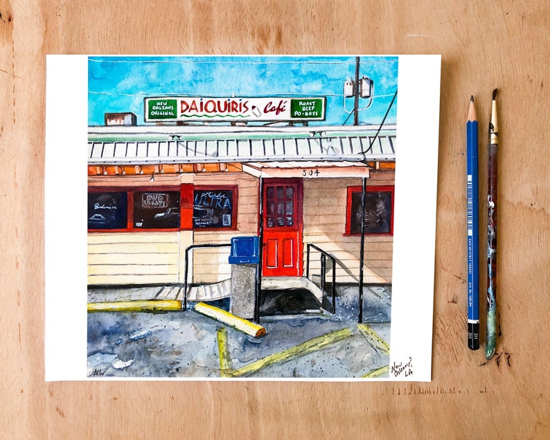 Louisiana Watercolor Painting Drawing Illustration Art Print Daq Shack LA Daquiris Cafe NOLA New Orleans Uptown Carrollton