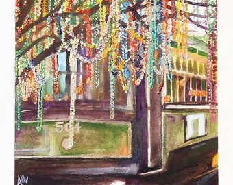 New Orleans Mardi Gras Art, Mardi Gras Beads Streetcar Painting, Watercolor NOLA Drawing Illustration Art Print