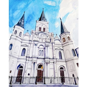 Arte da Catedral de Nova Orleans St Louis, Pintura do Bairro Francês de NOLA, Louisiana Desenho em Aquarela Ilustração Impressão Artística