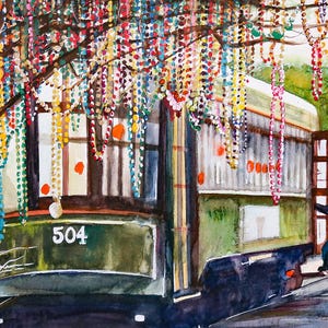 New Orleans Mardi Gras Art of Streetcar with Mardi Gras Beads - Perfect New Orleans Mardi Gras Gift - New Orleans Wall Decor