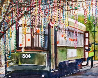 Mardi Gras Streetcar Art Print: New Orleans Watercolor Painting