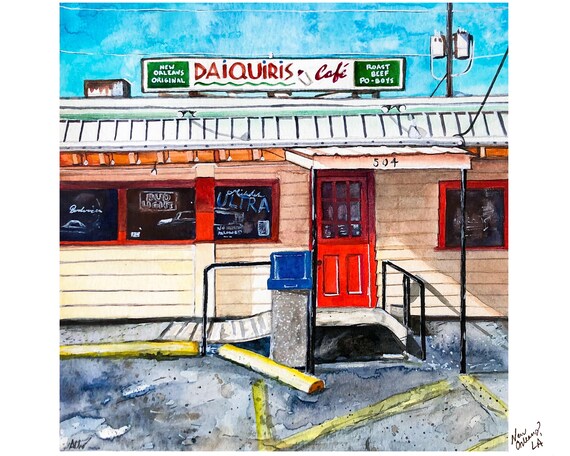 Louisiana Watercolor Painting Drawing Illustration Art Print Daq Shack LA Daquiris Cafe NOLA New Orleans Uptown Carrollton