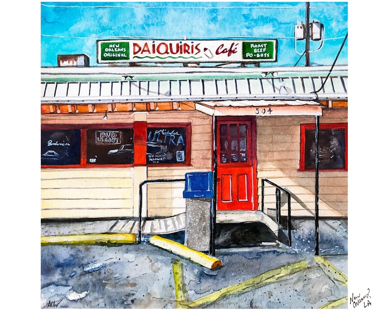 Louisiana Watercolor Painting Drawing Illustration Art Print Daq Shack LA Daquiris Cafe NOLA New Orleans Uptown Carrollton