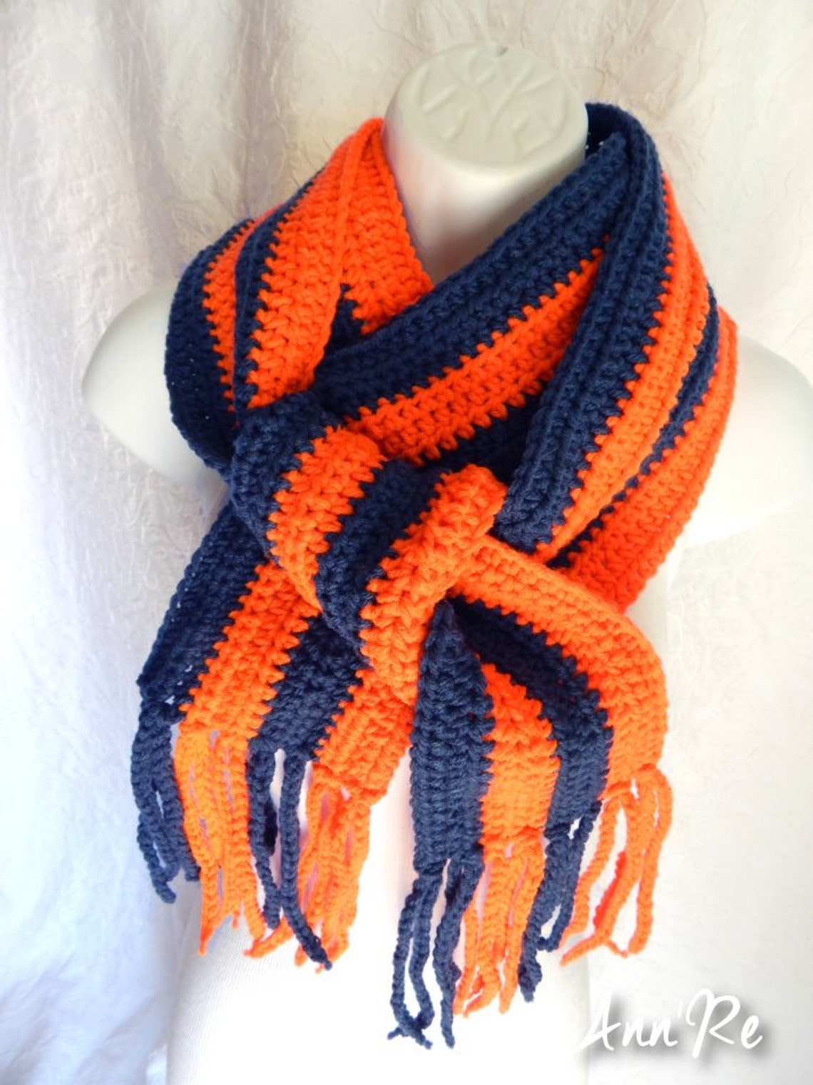 Orange and Navy Blue Winter Scarf with Fringe Striped Scarf Etsy
