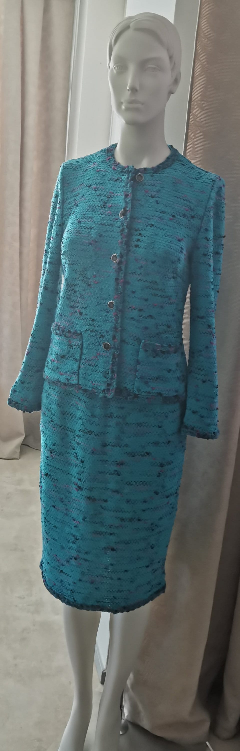 Plus Size Mother of Bride Jacket Chanel Boucle Turquoise Pink