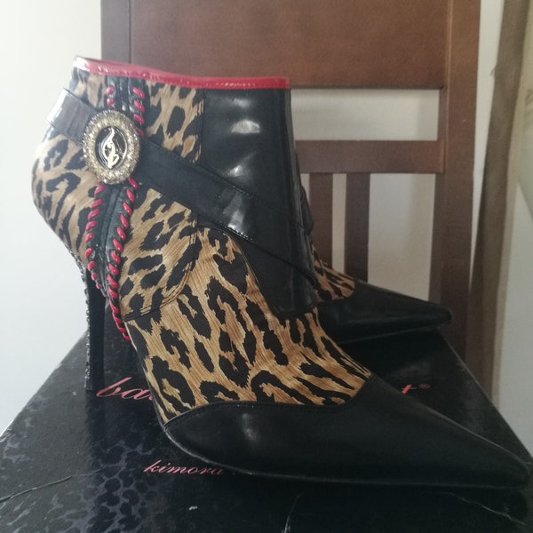 Fab Baby Phat leather leopard satin high heel ankle boots. Size US 10 EU 40 Chic
