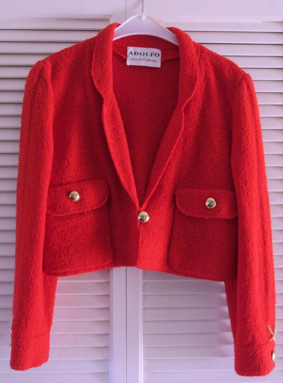 Vintage Red Adolfo Wool Knit Skirt Suit