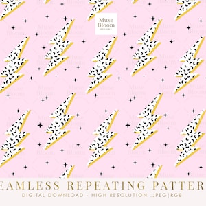 Puede incluir: Patrón repetitivo sin costuras con rayos delineados en amarillo, rellenos de motas blancas y negras, sobre un fondo rosa. Pequeñas estrellas negras están dispersas. El texto "SEAMLESS REPEATING PATTERN" se muestra en la parte inferior.