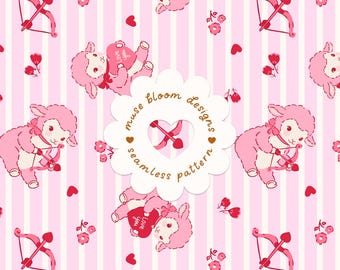 Motif sans couture d'agneau pour la Saint-Valentin, mouton Cupidon rose, cœurs et nœuds rose vif, papier numérique pour tissu