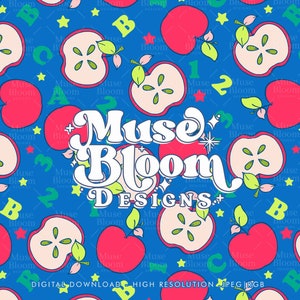 Bold Neon Back To School Apples And Letters Seamless Pattern Digital File