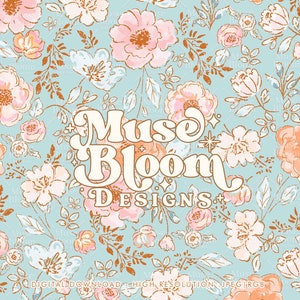 Archivo de patrón sin costuras con estampado floral Boho de acuarela para uso comercial de sublimación de impresión de telas - Teal naranja rosa - Lovely Bunny Collecti
